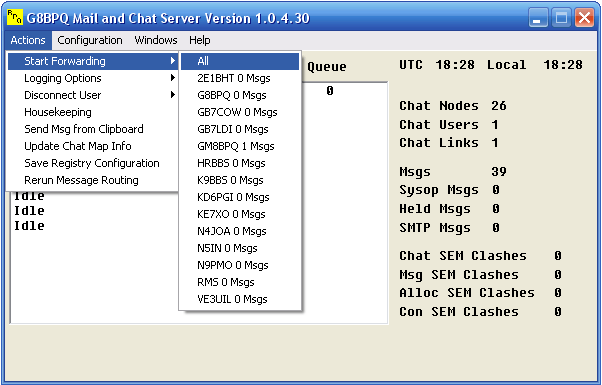 A screenshot of the G8BPQ Mail and Chat Server software, showing chat nodes, queue status, and message counts.